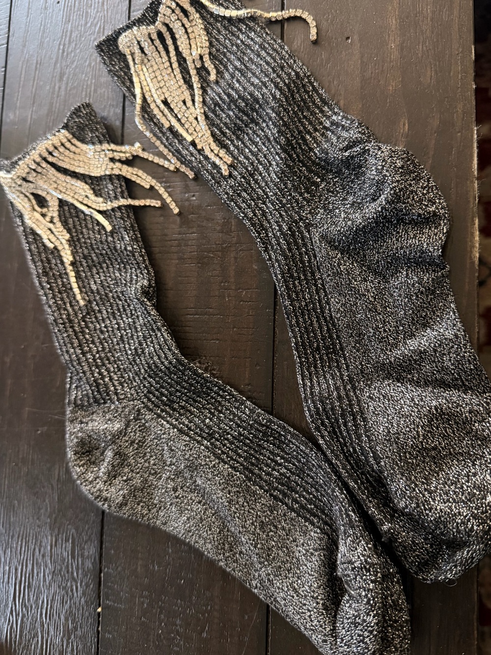 Black Metallic Rhinestone Fringe Statement Crew Socks